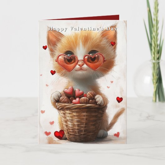 Valentinstag Ingwerkatze Korb Herzen Karte (Vorderseite)