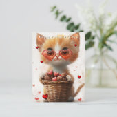 Valentinstag Ingwerkatze Korb Herzen Postkarte (Stehend Vorderseite)