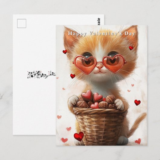Valentinstag Ingwerkatze Korb Herzen Postkarte (Vorne/Hinten)