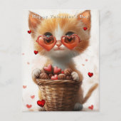 Valentinstag Ingwerkatze Korb Herzen Postkarte (Vorderseite)