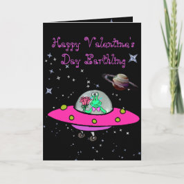 Valentinstag-Karte mit Alien in einem Raumschiff Feiertagskarte