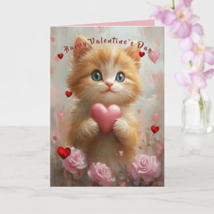 Valentinstag-Kätzchen rote Herzen rosa Rosen Karte