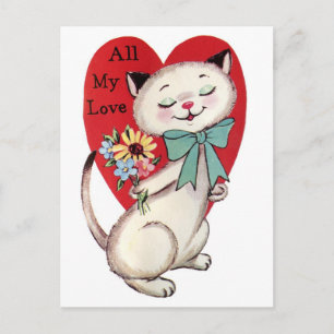 Valentinstag-Katze mit Blumen Postkarte