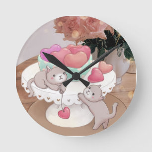 Valentinstag: Katzen, Herz-Cookies und Blume Runde Wanduhr
