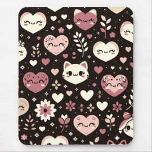 Valentinstag Kawaii Katzen Herzen Blumen Muster Mousepad