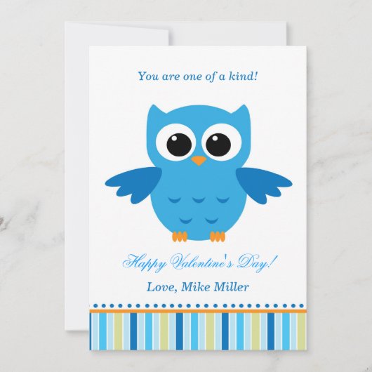 Valentinstag Kid Owl Blue Grußkarte Feiertagskarte (Vorderseite)