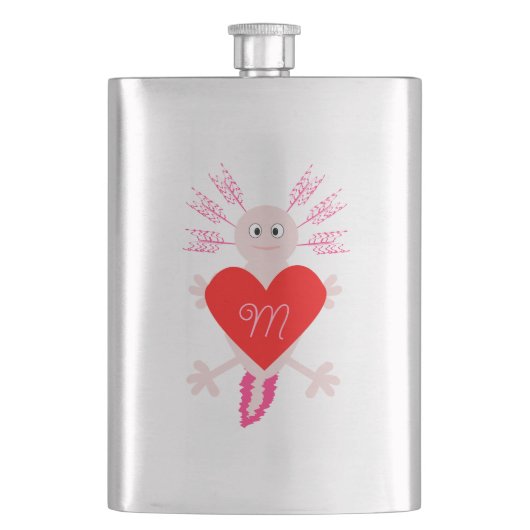Valentinstag Liebe Herzstück Axolotl Mit Monogramm Flachmann (Vorderseite)