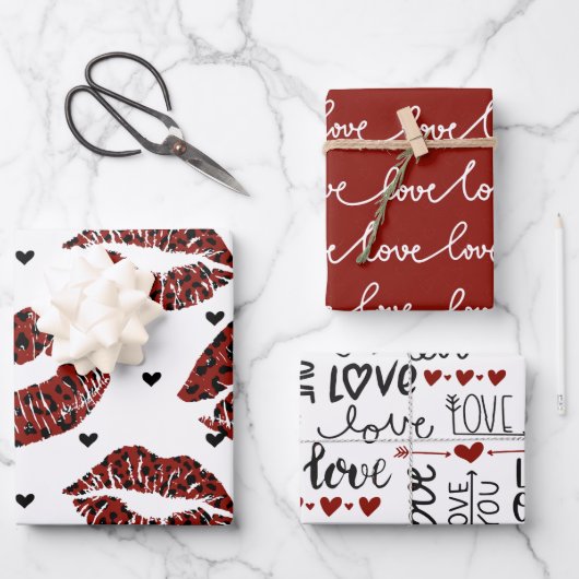 VALENTINSTAG LIEBE SCRIPT HEARS & LIPS GESCHENKPAPIER SET (Vorderseite)