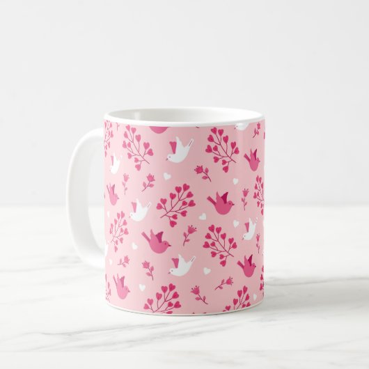 Valentinstag Liebe Vögel Rosa Blumenmuster Kaffeetasse (Vorderseite Links)