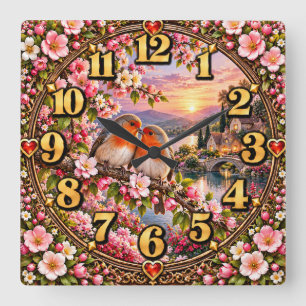 Valentinstag Liebesvögel am See Quadratische Wanduhr