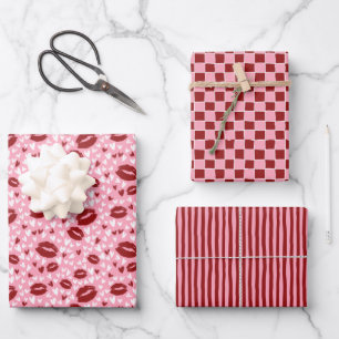 Valentinstag Mädchenhaft Rot Pink Handgezeichnet Geschenkpapier Set