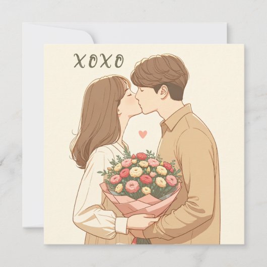Valentinstag- Mann und Frau- mit Blumen Karte (Vorderseite)