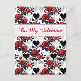 Valentinstag mit gemusterten Rosen und Herzen Postkarte