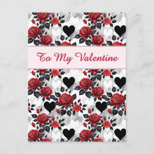 Valentinstag mit gemusterten Rosen und Herzen Postkarte