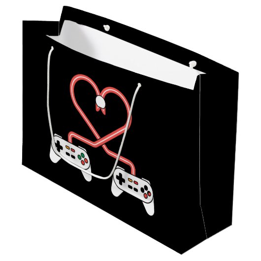 Valentinstag mit Videospielern mit Herzreglern Große Geschenktüte (Vorderseite Schrägansicht)