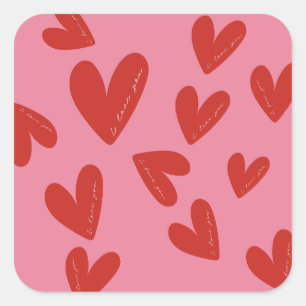 Valentinstag Moderne rote und rosa Herzen Schrift Quadratischer Aufkleber