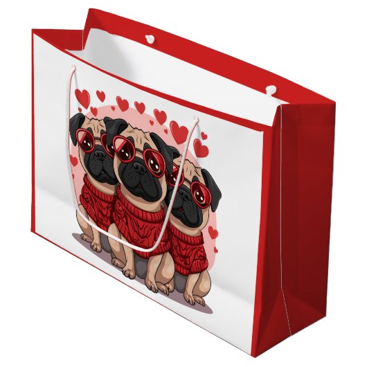 Valentinstag Mops Hunde Große Geschenktüte (Vorderseite Schrägansicht)