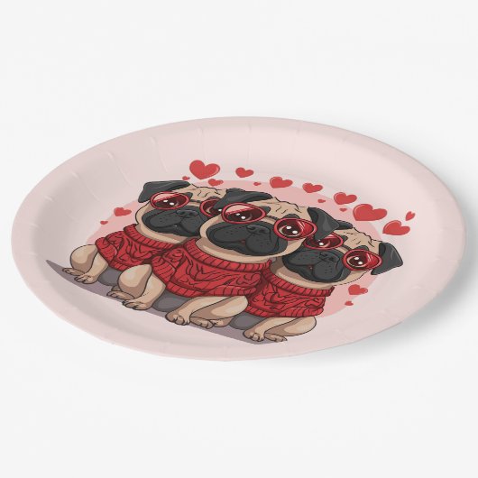 Valentinstag Mops Hunde Pappteller (Schrägansicht)