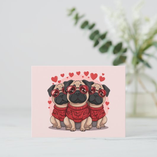 Valentinstag Mops Hunde Postkarte (Stehend Vorderseite)