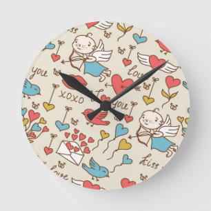 Valentinstag-Muster mit Amor Runde Wanduhr
