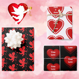 Valentinstag Namen Cupid Hearts Red White 3 Geschenkpapier Set