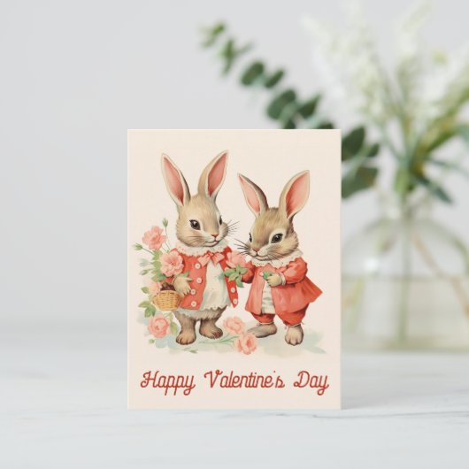 Valentinstag Niedlich Vintag Bunny Kaninchen Postkarte (Stehend Vorderseite)