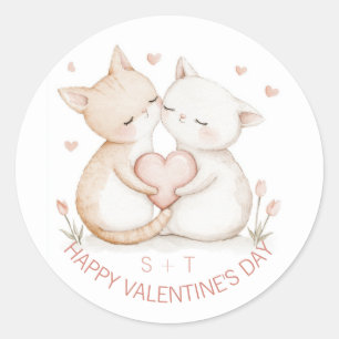 Valentinstag Niedliche Cat Couple Custom Initials Runder Aufkleber