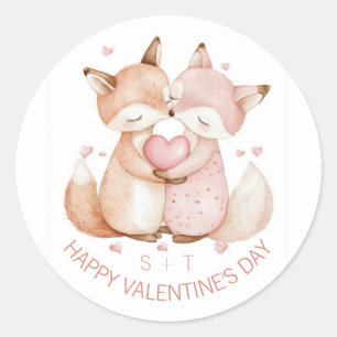 Valentinstag Niedlicher Fox Couple Custom Initials Runder Aufkleber