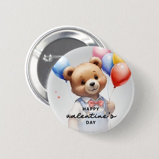 Valentinstag Niedlicher Wasserfarbenbär mit Ballon Button (Vorne & Hinten)
