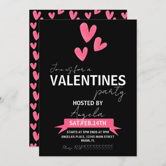 Valentinstag Party Event Rosa Schwarze Einladung (Vorne/Hinten)