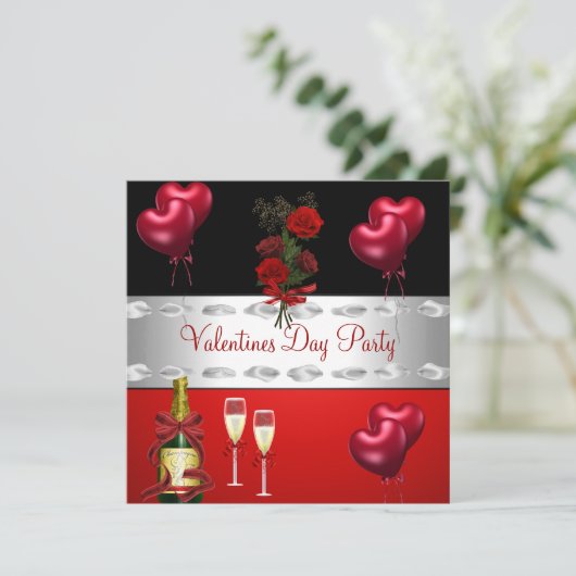 Valentinstag Party Rote Rosen Balloons Einladung (Stehend Vorderseite)