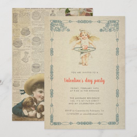 Valentinstag Party Vintag Kupiden Rose Antike Einladung (Vorne/Hinten)