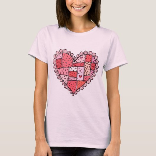 Valentinstag-Patchwork-Herz-Doodle-Damen T-Shirt (Vorderseite)