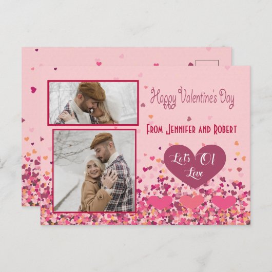 Valentinstag Personalisiertes Foto Rosa Herzen Postkarte (Vorne/Hinten)