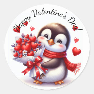 Valentinstag Pinguin Süße Rote Herzen Runder Aufkleber