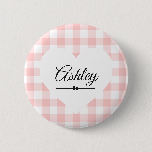 Valentinstag Pink Gingham Herzlich Individuelle Na Button (Vorderseite)