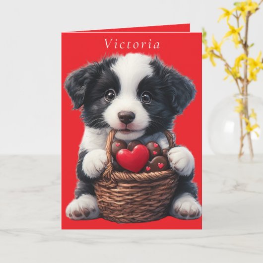 Valentinstag Puppy Red Chocolate Hearts Karte (Gelbe Blume)