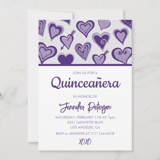 Valentinstag quinceanera Einladung Herz lila (Vorderseite)