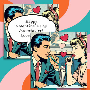 Valentinstag Retro-Paar beim Trinken von Milchsh Feiertagskarte