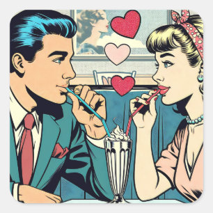 Valentinstag Retro-Paar trinkt Milchshakes Quadratischer Aufkleber