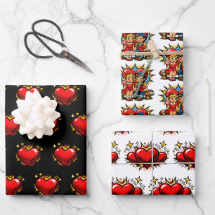 Valentinstag Retro-Pop-Art-Junge und Mädchen Geschenkpapier Set