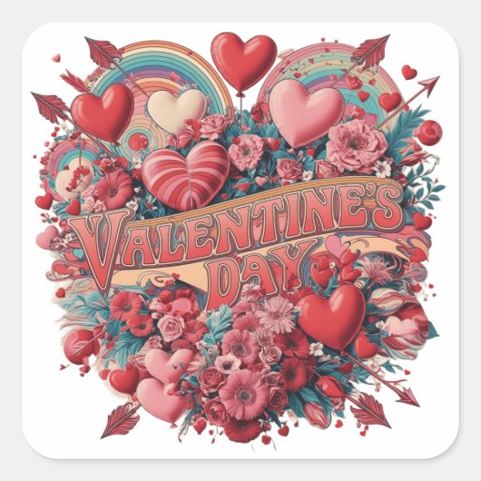 Valentinstag, Retroclipart Quadratischer Aufkleber (Vorderseite)