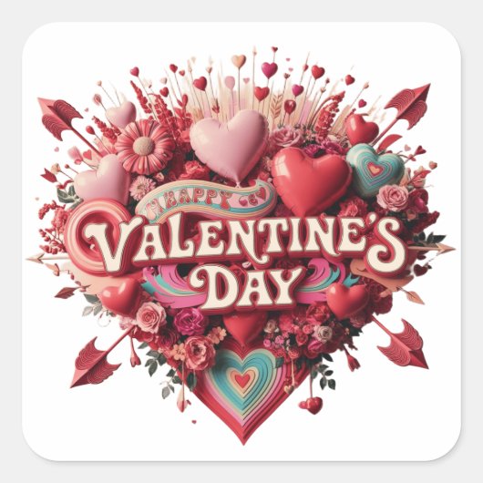 Valentinstag, Retroclipart Quadratischer Aufkleber (Vorderseite)