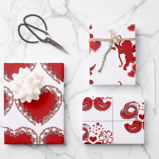 Valentinstag Romantische HerzloveBirds Cupid Kunst Geschenkpapier Set (Vorderseite)