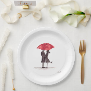 Valentinstag romantisches Paar mit rotem Regenschi Pappteller
