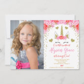 Valentinstag Rosa Goldgold Einhornmädchen Foto Einladung (Vorderseite)