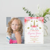 Valentinstag Rosa Goldgold Einhornmädchen Foto Einladung (Stehend Vorderseite)