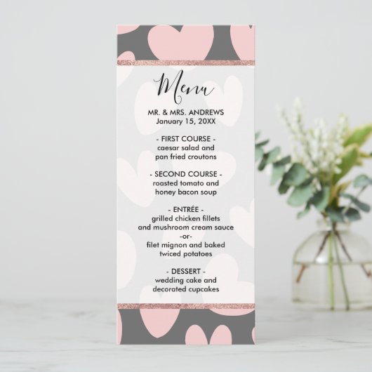Valentinstag Rosa Graue romantische Herzen Menükarte (Stehend Vorderseite)