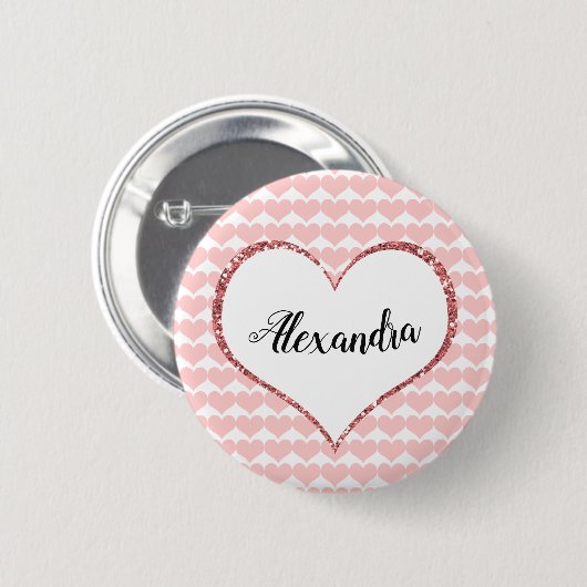 Valentinstag Rosa Herz Individuelle Name Button (Vorne & Hinten)
