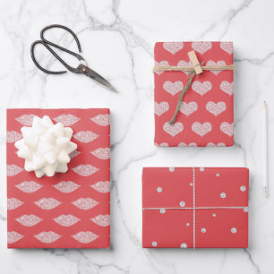 Valentinstag Rot Glamour Diamanten Lippen Herzen Geschenkpapier Set